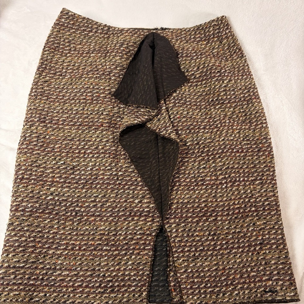 Worth New York Wool Silk Blend Tweed Pencil Skirt Ruffle Front Size 0 Luxury EUC